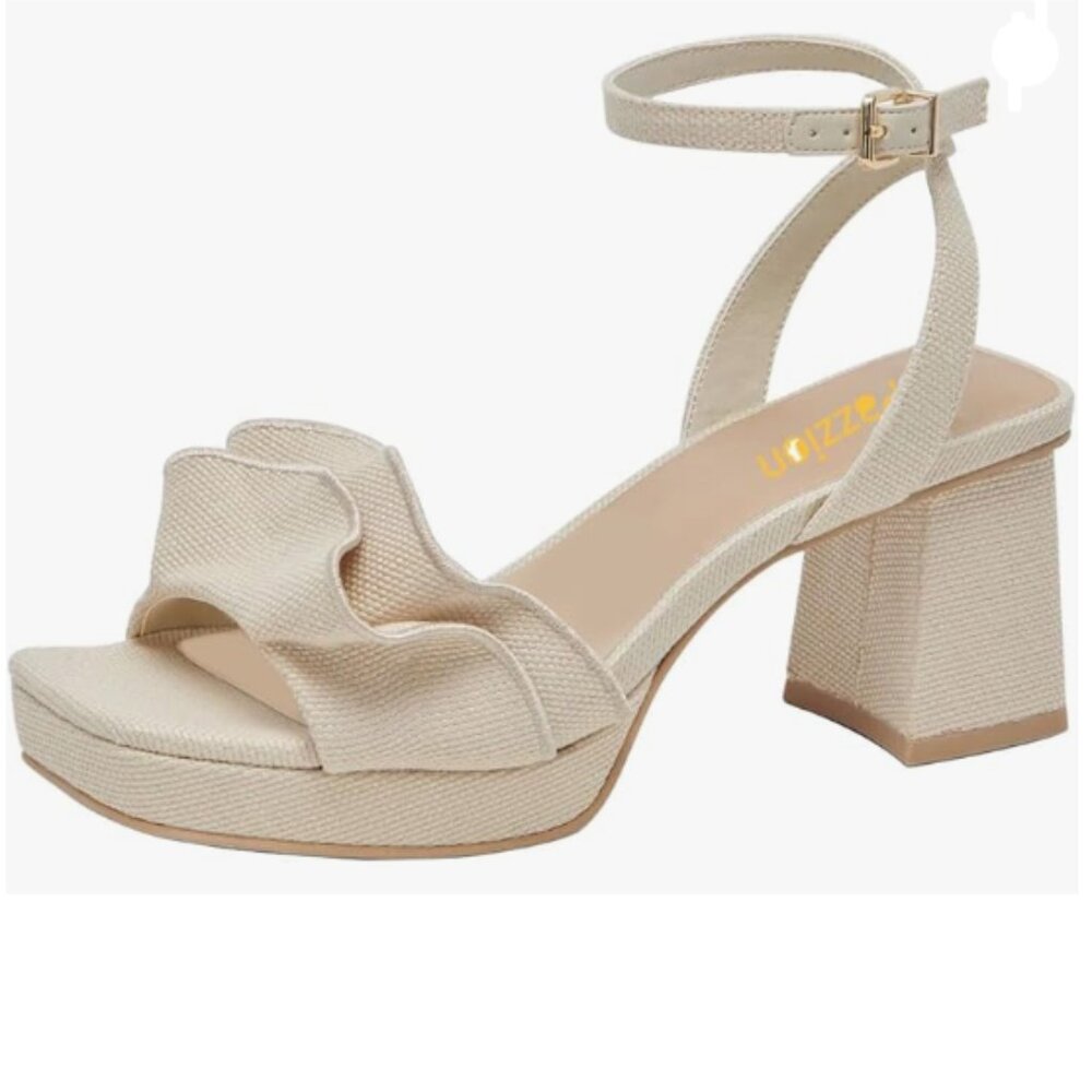Pazzion Beige Platform Square Toe Pleated Ruffle Block High Heel Strap Sandal
